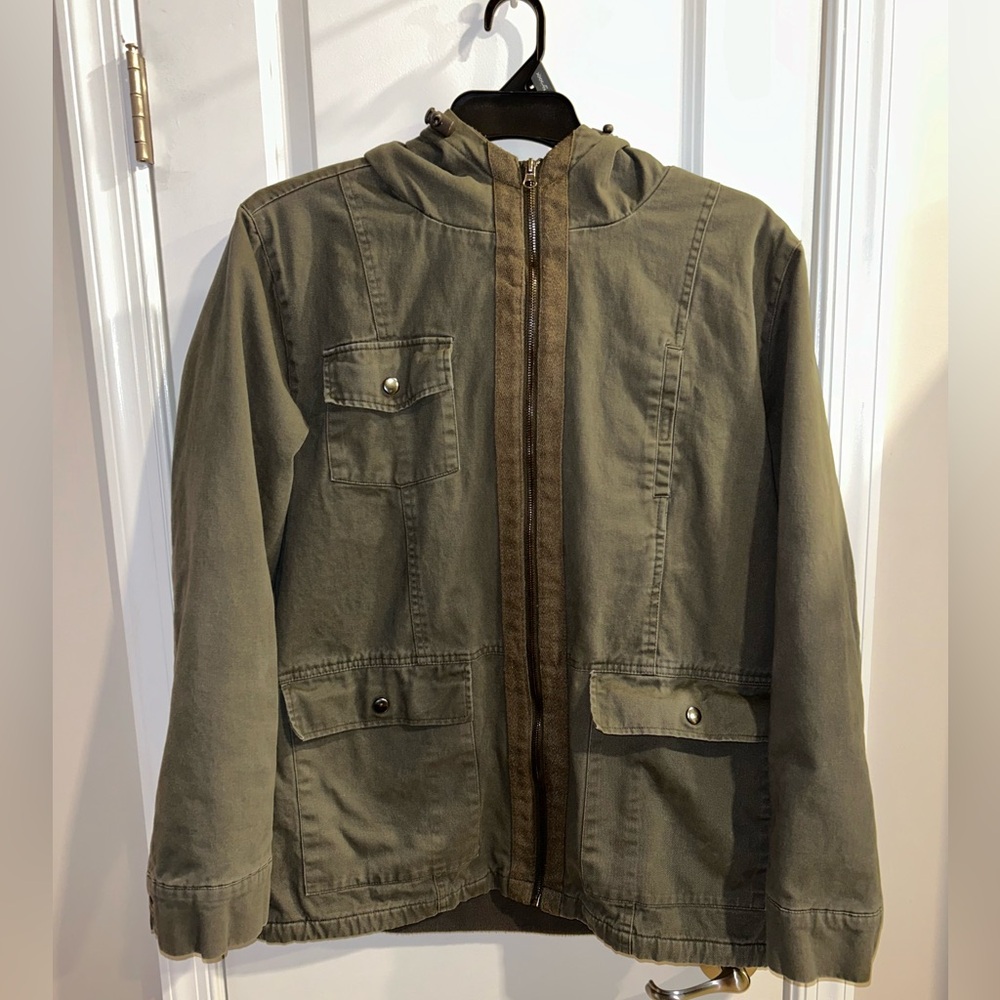 Earthbound Trading Men’s Canvas Jacket Military Green Size Large Zipper Hood